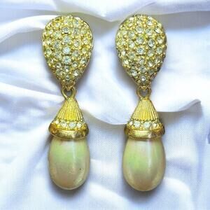 Christian DIOR Vintage Crystal & Faux Pearl Teardrop Clip-On Earrings